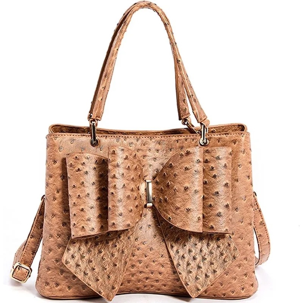 NEW!!! 3D Bow Vegan Leather 3-Way Wear Ostrich Beige Satchel, Crossbody Shoulder - Picture 10 of 13